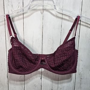 Free People BRA Wine Women's Underwire Lace CUT OUT BACK burgundy Size 34DD.
